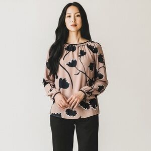 LOFT Taupe and Blue Floral Blouse with Round Neck